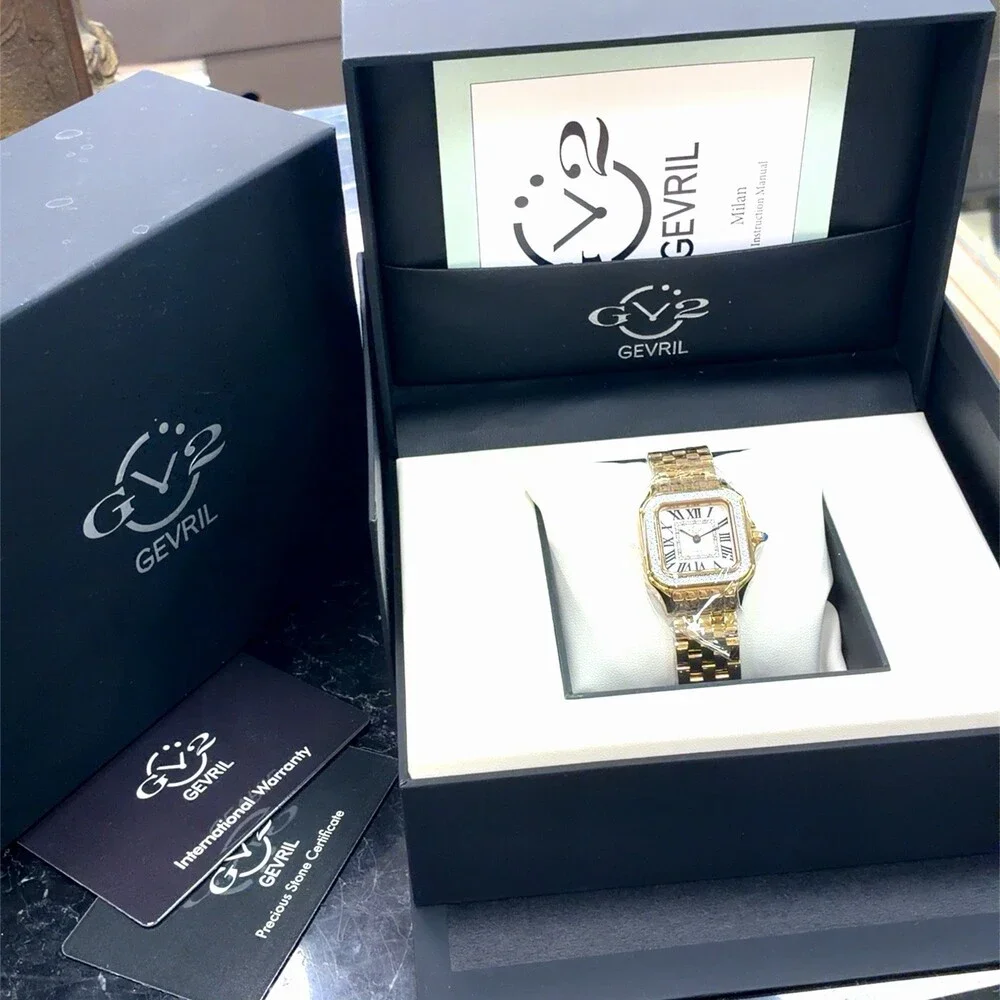 Gevril Milan Gold Plated Diamond Bezel Quartz White Dial 12112B Ladies Watch